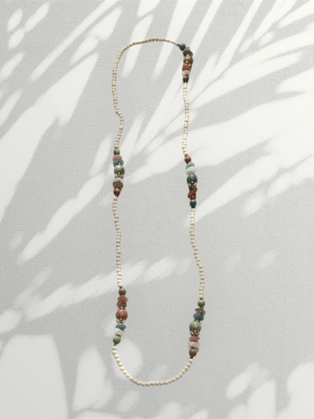 Womens Beaded Long Necklace Bone Beads Faux Stones Gold Accent Blue Pink White